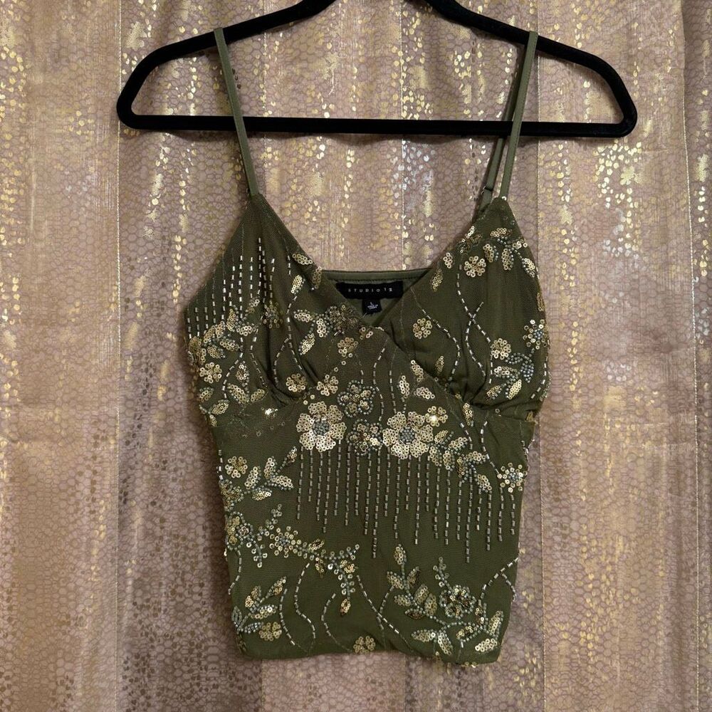 Studio 12 Olive Green Gold Sequin Beaded Camisole Tank Top Large NWT
